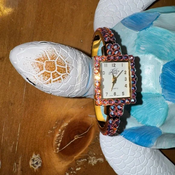 Kirks Folly Womens Cuff Watch Bracelet GoldTone Purple AB Crystal 6” - Picture 7 of 10